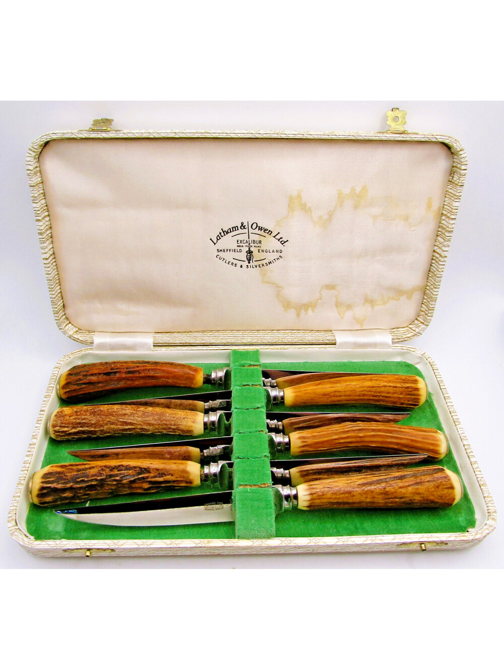 Set of 6 Antler Handle Latham & Owen Excalibur Sheffield England Steak Knives